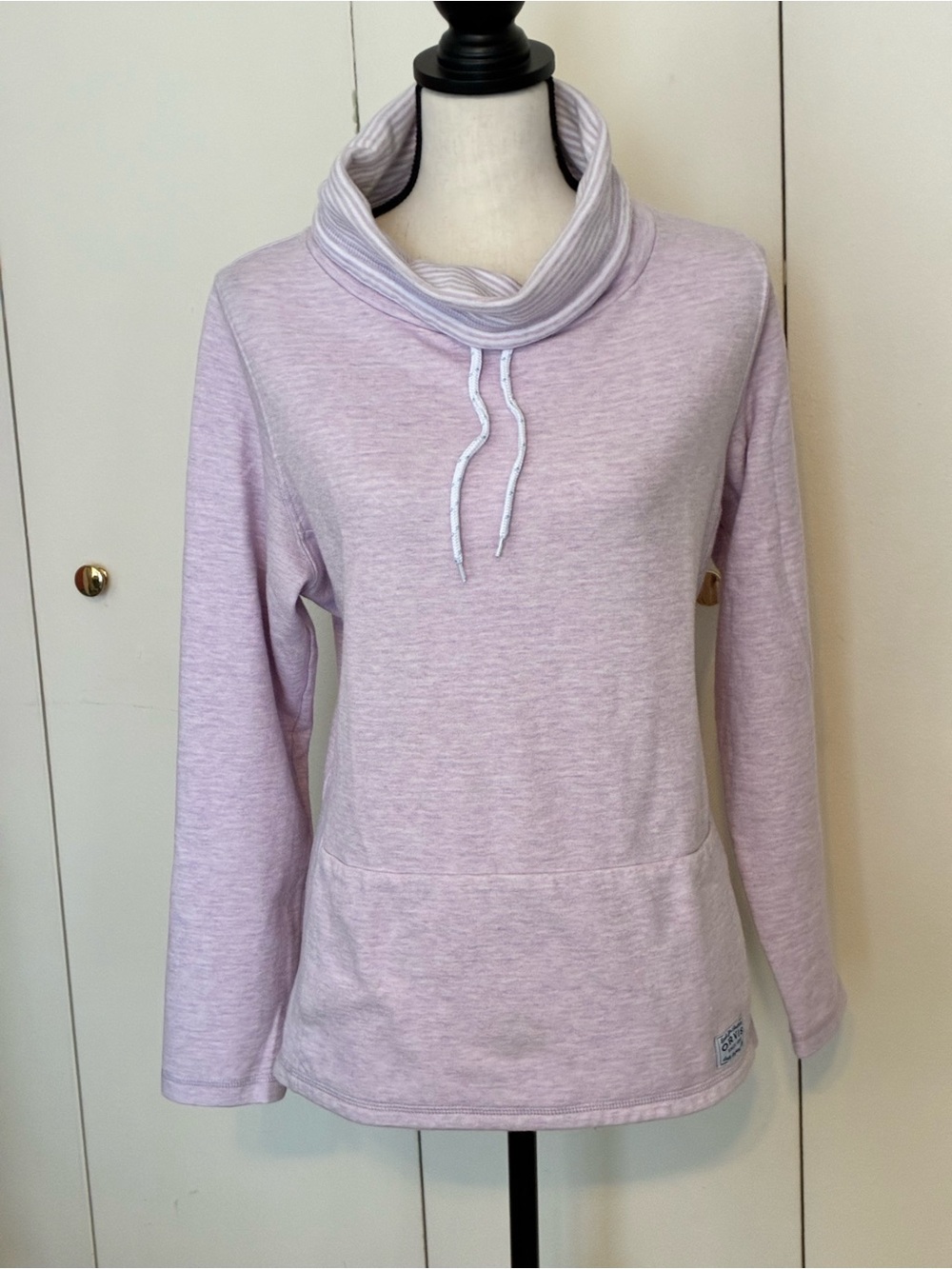 Orvis Cowl Neck Lavender with Stripe Trim Nautical Top- Large Pocket at Bottom